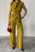 TENCEL MODAL KOLSUZ BLUZ KAPALI CEP DETAYLI DÖKÜMLÜ - PANTOLON TAKIM - Yağ Yeşili resmi